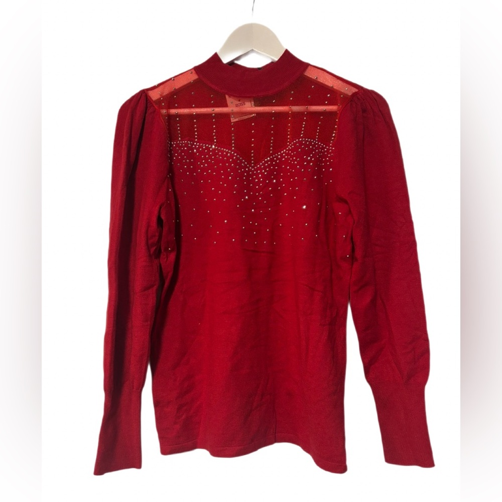 80 PARK Red Studded Mesh Illusion Sweater - NWT Size Large